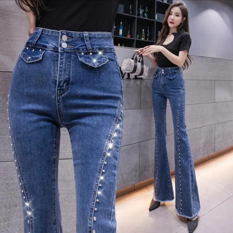 

Женские Облегающие расклешенные брюки с высокой талией, модные женские джинсы с бусинами, женские повседневные джинсовые брюки, s1691, осень 2021