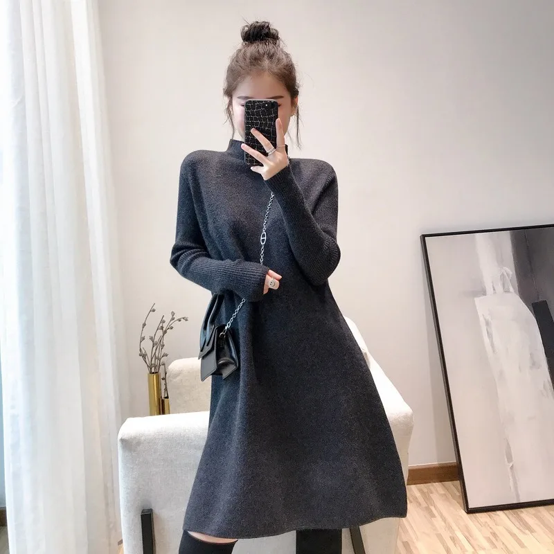 

2020 New Style for Autumn and Winter Sweater Sweater Loose Mid-Length Solid Color Half-Collar Pullover Dress for Women