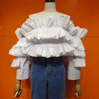 

Fashion Women Shirts Off-Shoulder Wild Cotton Slash Neck Ladies Blouses and Tops High Waist Summer New 2020 Women Clothing