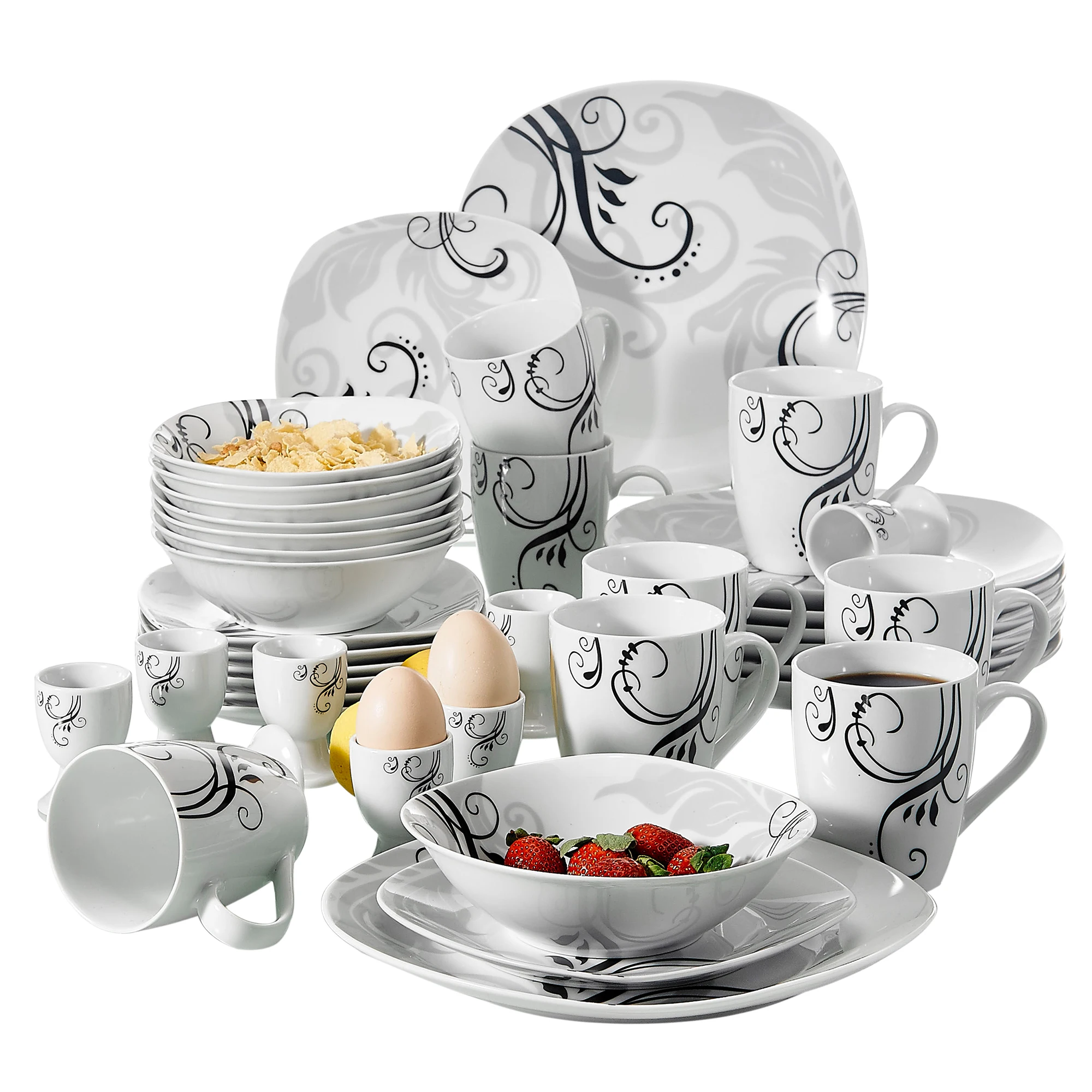 Online VEWEET ZOEY juego de vajilla de porcelana de 40 piezas Juego de vajilla con patrón de calcomanía juegos de vajilla con plato de cena, plato de postre, tazón, taza, taza de huevo