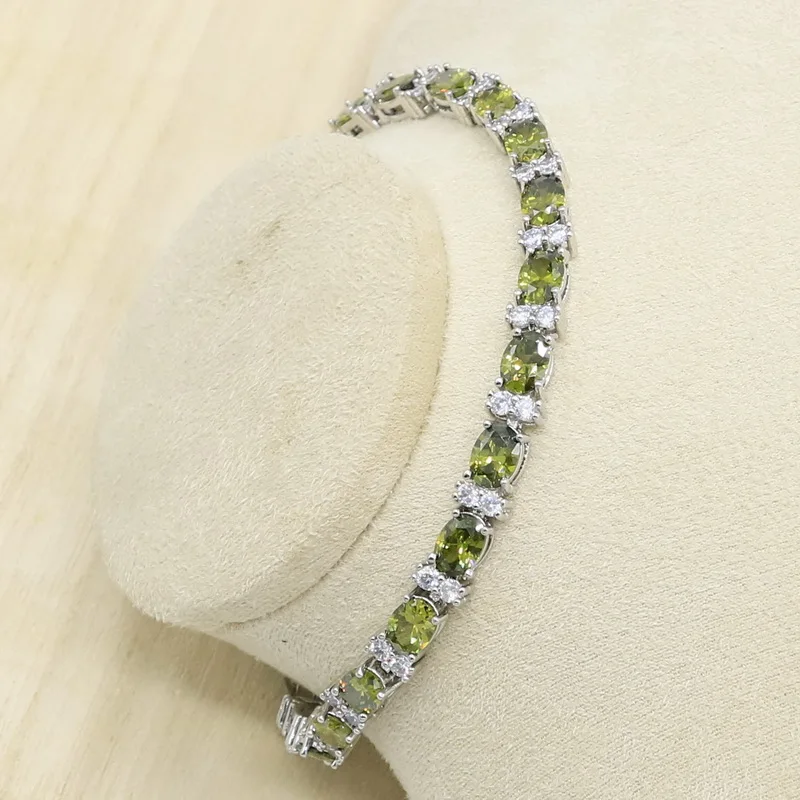 Оливковый зеленый Цирконий 925 пробы серебра набор украшений для женщин с браслет серьги ожерелье кулон кольцо подарок на день рождения