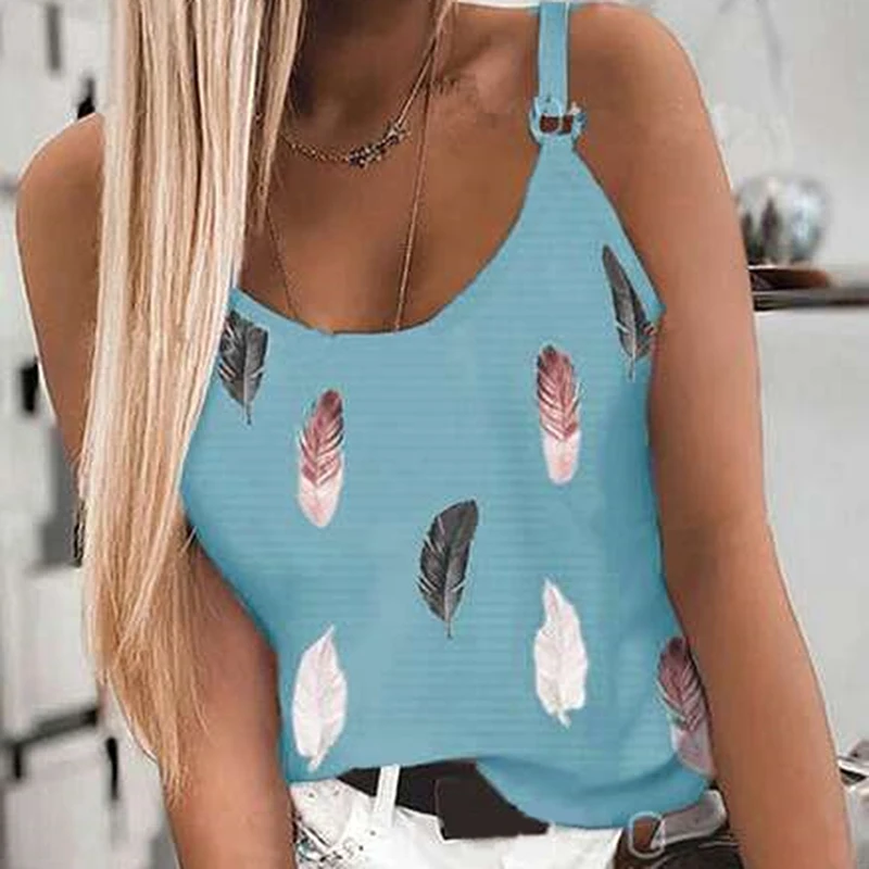 Plumage Printed Women'S Tank Top U-Neck Spaghetti Strap Camisole Sleeveless Beach Style Summer Tops Shoulder Buckle Tops cheap bras Tanks & Camis