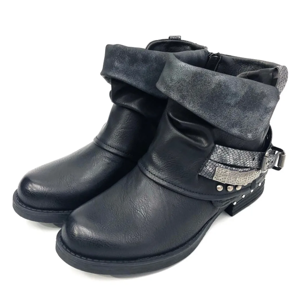 

Cowboy boots for Women's Buckle Strap Flats Ankle Boots warm Round Toe High-Heeled Rivets Casual Shoes botas mujer invierno 2019