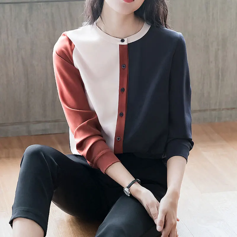 New Spring Summer Office Lady Shirts Long Sleeve Patchwork Chiffon Shirt All-matched Casual Ladies Tops Women Blouses D194 | Женская