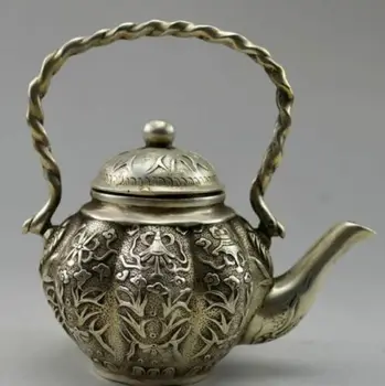 

Old Chinese Handwork Tibet Silver Carved Flower Fish Tea Pot