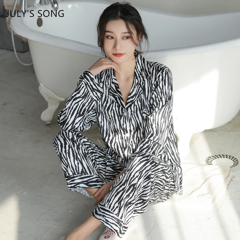 JULY'S SONG Ice Silk Woman Pajamas Set Zebra Striped Print Casual Loose