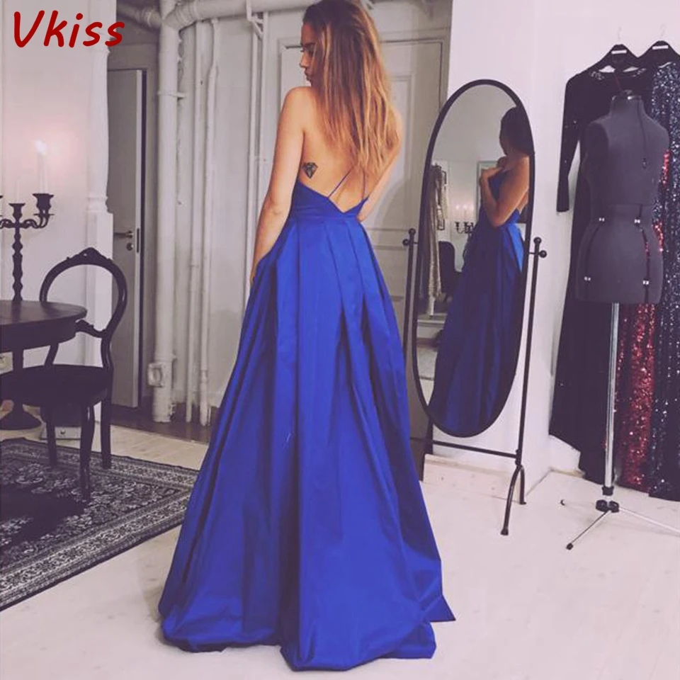 

Royal Blue Spaghetti Straps Long Prom Dresses 2020 New Sexy Backless Formal Party Sleeveless High Quality Vestidos Evening Gowns