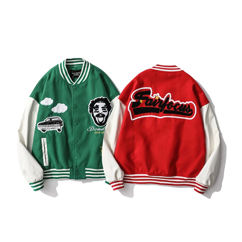 

Hip Hop Baseball Jacket Men Cartoon Letter Old Man Head Embroidery Harakuju Patchwork PU Sleeve Varsity Bomber Coats Unisex 2021