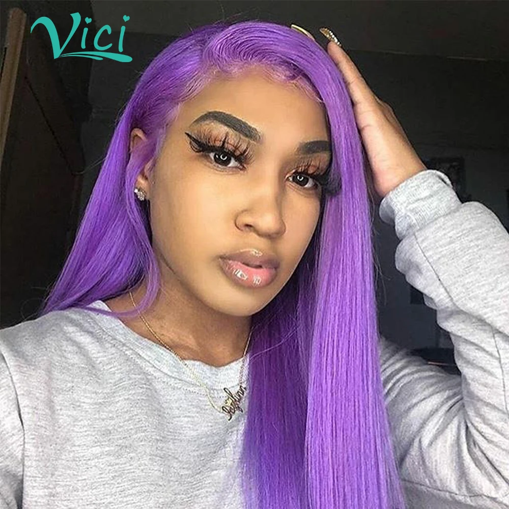 

Colored Purple Human Hair Wigs Straight Lace Front Human Hair Wig Dyed And Bleached 13x6 Lace Front Wig Brazilian Remy