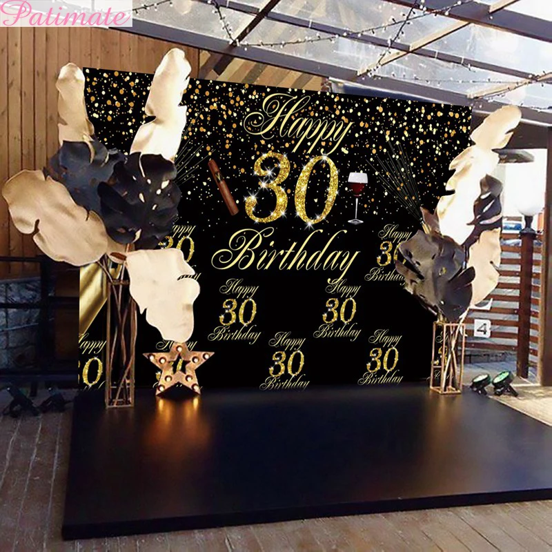 Patimate 30 40 50 Black Gold Birthday Backdrop Happy Birthday