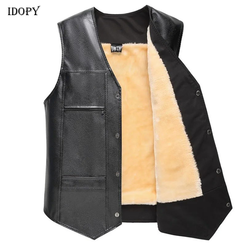 

Idopy Men`s Leather Vest Fur Lined Winter Warm Fleece Lining Faux Leather PU Sleeveless Jacket Waistcoat Plus Size XL-4XL