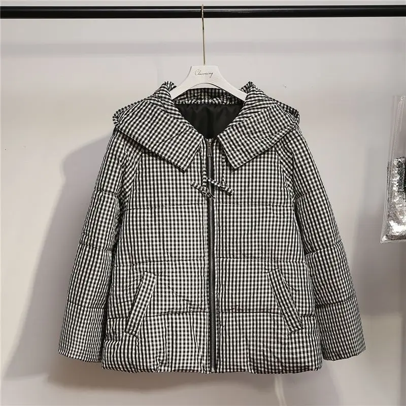 Новинка года; модная клетчатая куртка с хлопковой подкладкой на молнии; большие размеры 5XL; теплая зимняя куртка с капюшоном для женщин