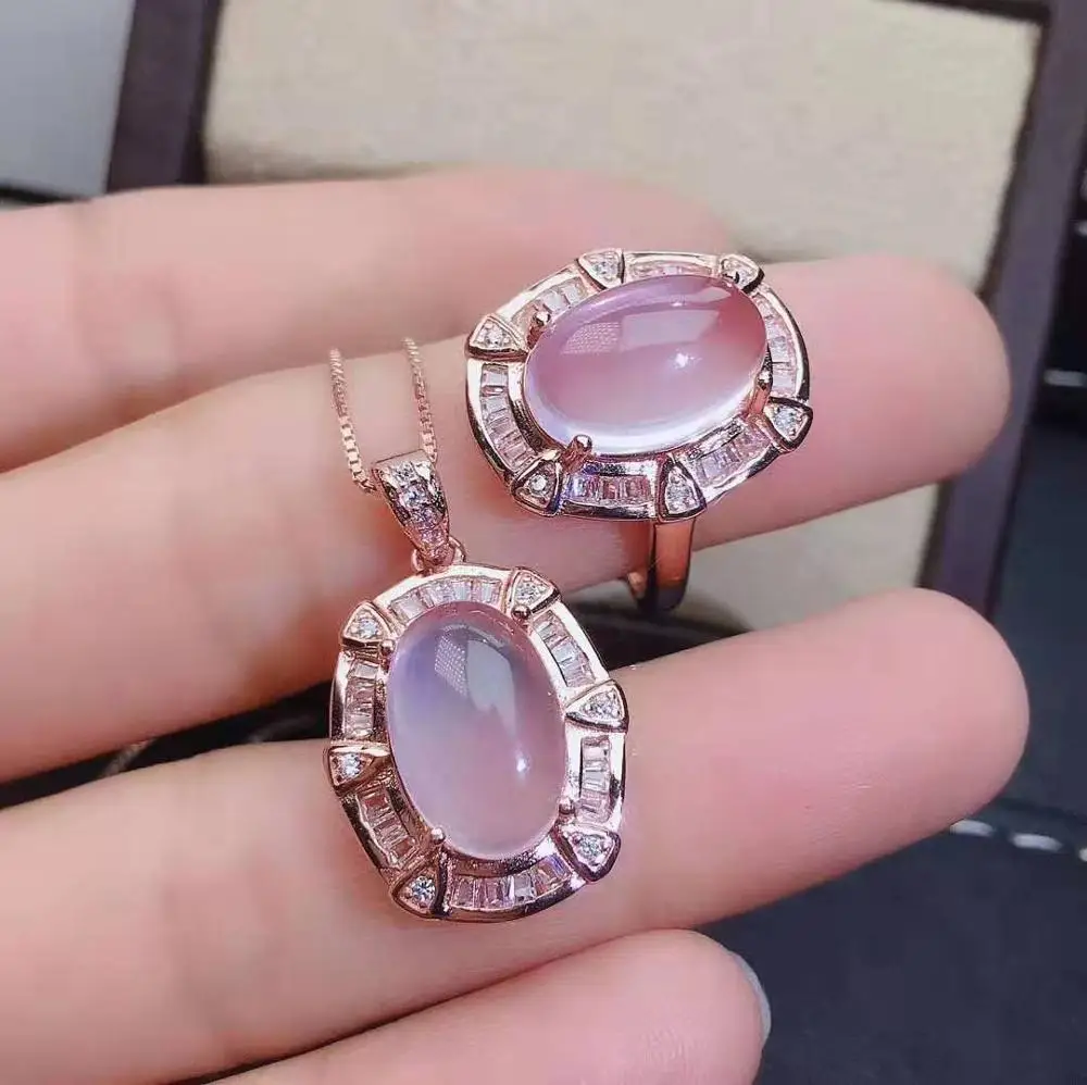 Натуральный розовый кристалл S925 Кольцо Кулон ожерелье набор Xiaoqing стиль подходит для молодых девушек