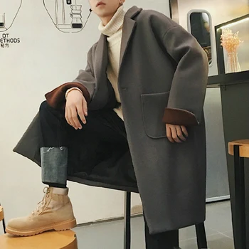 

Fashion Men Thick Warm Blend Coat Woolen Overcoat Autumn Winter Loose Windbreaker Jacket Boys Grey Oversized Long Wool Coat XXL