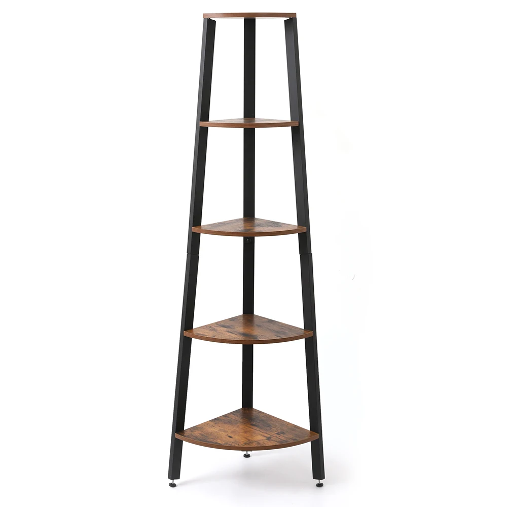 Corner Shelf Rack 5 Tier Bookshelf Plant Stand Wood Look Accent Bookcase Furniture Metal Frame for Home and Office Rustic Brown