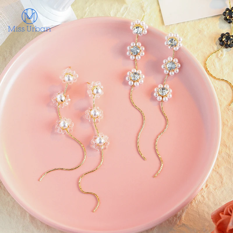 Romantic Cute New Acrylic Crystal Flower Earrings For Women Handmade Long Fashion Drop Earring Charming Date Gift Jewelry | Украшения и