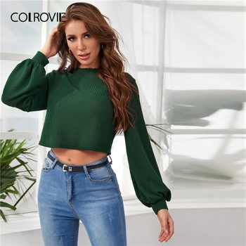 

COLROVIE Dark Green Lettuce Trim Balloon Sleeve Crop Top Women 2020 Autumn Long Sleeve Round Neck T-shirt Solid Casual Tops