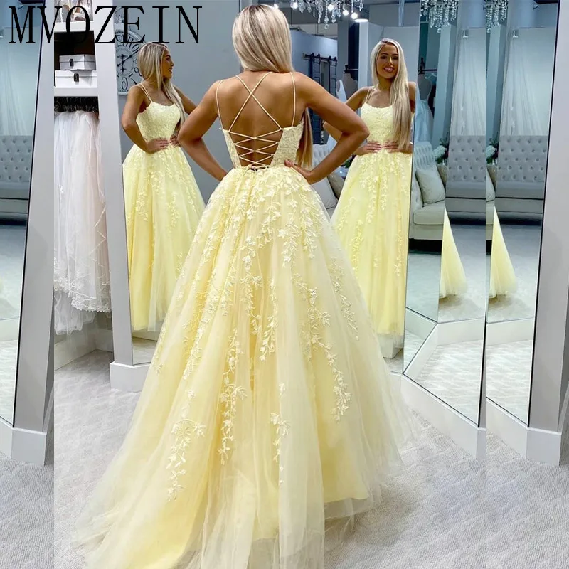 Mvozein Yellow Prom Dress Lace Spaghetti Strap A Line Backless Formal  Dresses Lace Beaded Long Evening Party Dress 2023|Prom Dresses| - AliExpress