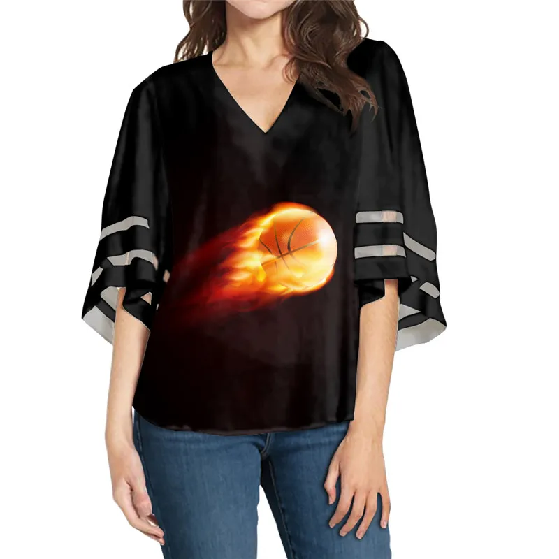 

Black Chiffon Blouses Football Print Shirt 2020 New Arrival Women Deep V-neck Bell Sleeves Ladies Sexy Blouse Camisas Mujer