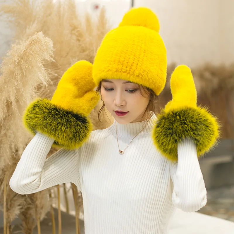 Women's Warm and Lovely Real Mink Fur Gloves, Hand Knitted, Full Finger Gloves, Fox Fur Mittens, Double Face Fur, Winter