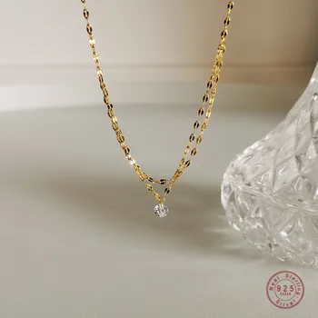 925 Sterling Silver French Simple Crystal Pendant Multi-layer Clavicle Chain Necklace Women Fashion Charm Student Jewelry Gift