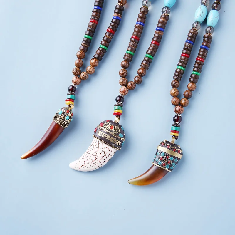 Tibetan Buddhist Mala Wood Beads Necklace Vintage Nepal Charm Ox Horn Pendant Necklace Women Meditation Rosary Necklace Dropship