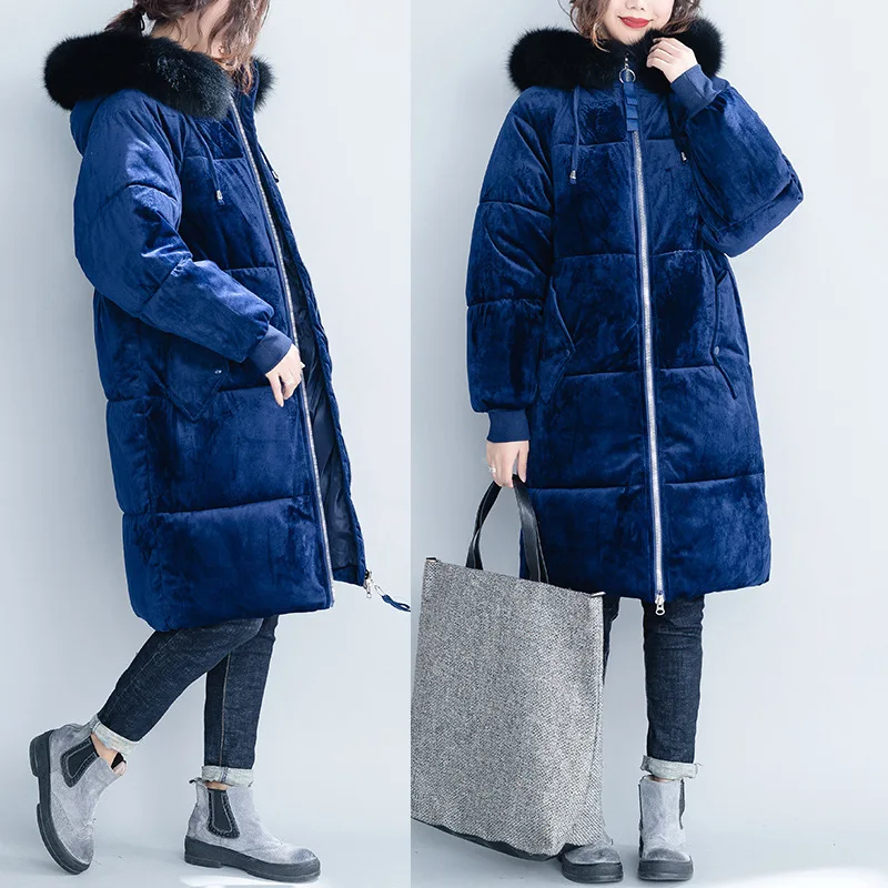 

2018 Winter New Style Thick Quilted Mid-length Gold Velvet Loose Casual Warm Cotton-padded Clothes Hooded Long Cotton Coat