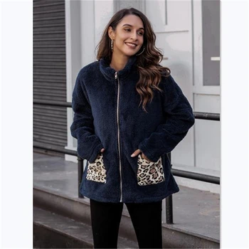 

Autumn And Winter Women's Warm Cotton Jacket, Long-sleeved Lapel Zipper, Leopard-print Pocket Plush Jacket, Ladies' Fashion Wear