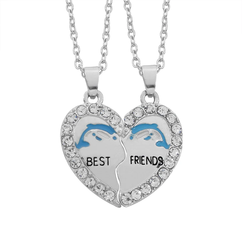 

Personality Creative Two-piece Friends Series Heart-shaped Rhinestone Stitching Dolphin Pendant Necklace Friendship BFF