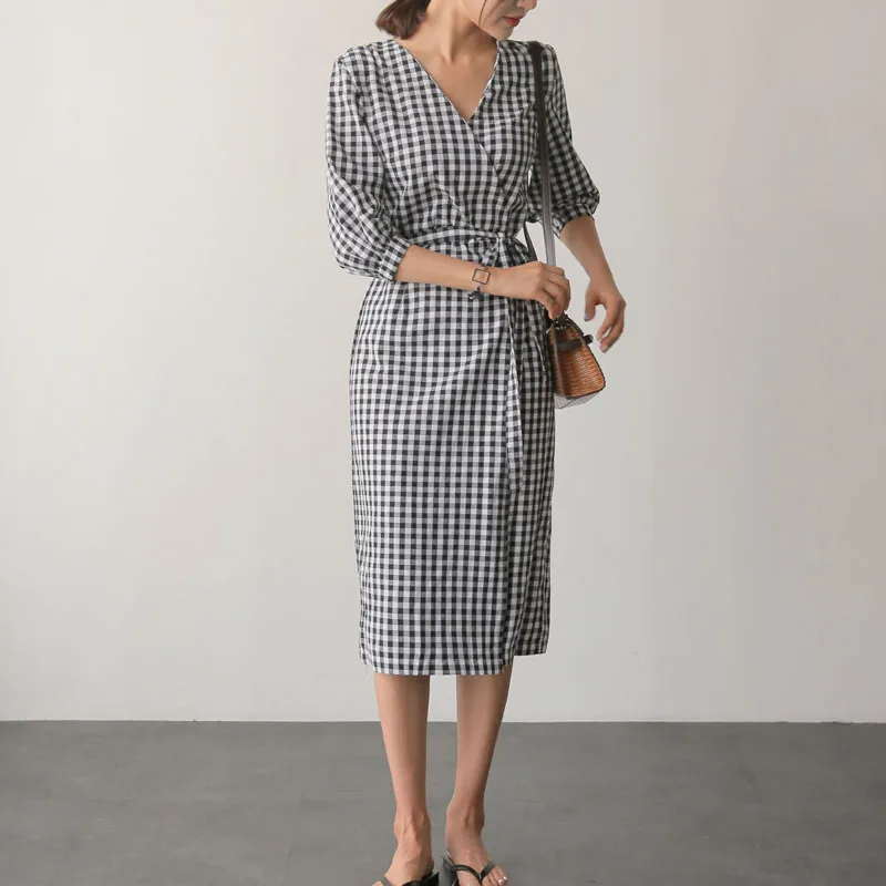 2020 Lace Up Bow Wrap V-Neck Three Quarter Sleeve High Waist Casual One Piece Dresses Summer New Korean Women Plaid Dress