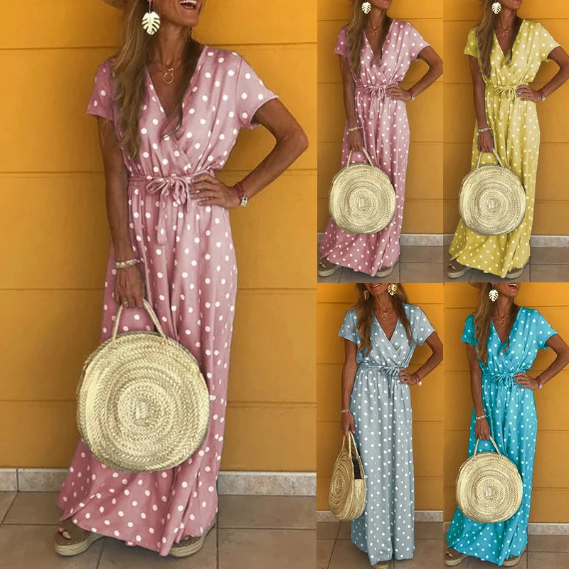 Fashion Women Summer Dress New Sexy V-neck Short Sleeve Polka Dot Print Women Long Maxi Dress Ladies Clothes CDR1875 (16)