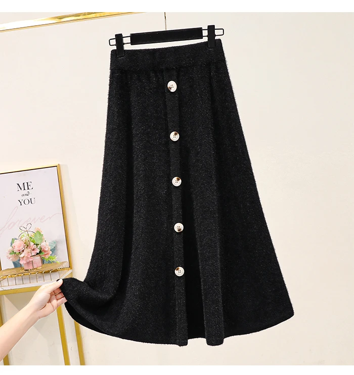 Black Red Knitted Long Plus Large Size Oversize Korean Style Fashion Autumn Women'S Clothing Vintage 2021 High Waist Skirts Skirts