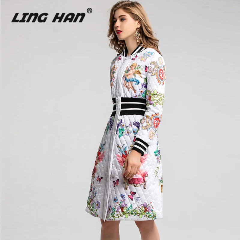 LINGHAN осенне-зимнее модное дизайнерское Женское пальто с принтом персонажа, теплое пальто с длинным рукавом, элегантное женское новое пальто, верхняя одежда