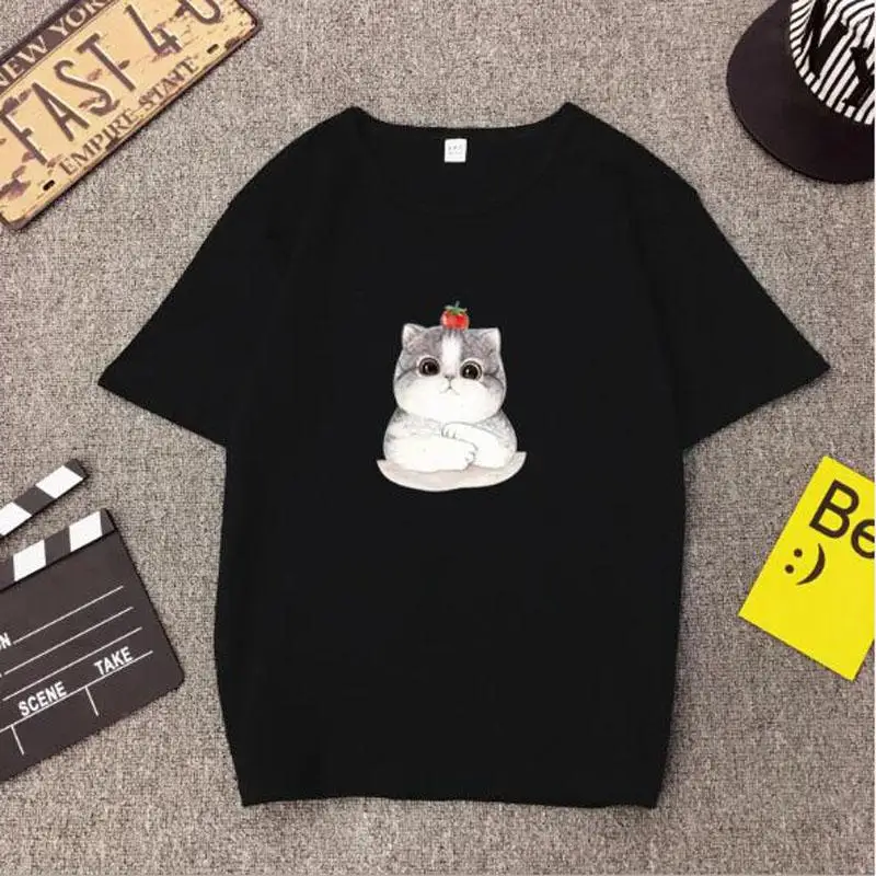 

Cute Fat Cat Print T Shirt Woman Spring Summer Short Sleeve O Neck Cotton Spandex Women Tops Casual Loose Female T-shirt