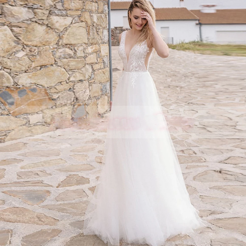 

Deep V-Neck White Wedding Dresses for Women 2024 Bride with Tulle Sleeveless Floor-Length EmpireBackless Robe De Mariee