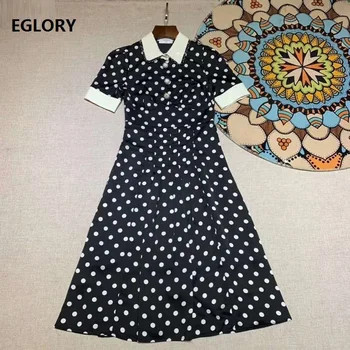 

New Hot Sale Summer Dress 2020 High Quality Women Sequined Turn-down Collar Polka Dot Print Short Sleeve Mid-Calf Dress Vintage