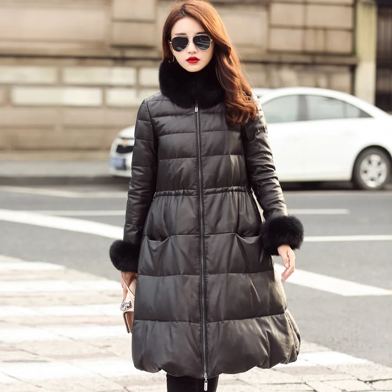 

Genuine Leather Jacket Women Winter Duck Down Coat Female Natural Fox Fur Collar Jackets Vintage Real Sheepskin Coat Hiver D9156