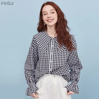 

ARTKA 2020 Early Autumn New Blouse Women Fashion Casual Pure Cotton Long Sleeve Shirt Loose Sailor Collar Plaid Shirt SA25008Q