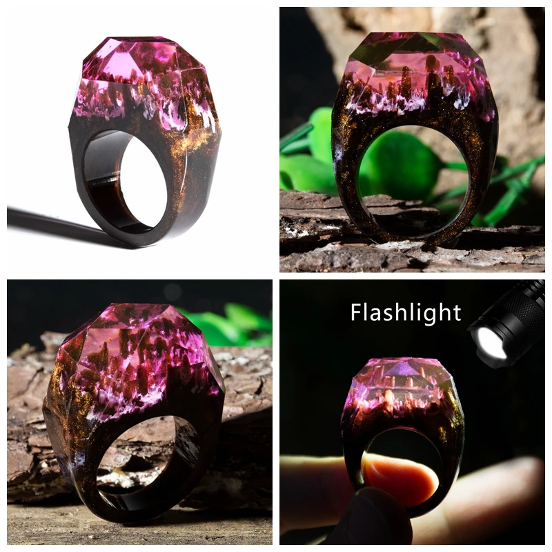 Эпоксидная смола волшебные деревянные кольца для женщин кольцо с лесом природный пейзаж дерево прямоугольник Кольца подарки светящиеся под УФ или фонарик - Цвет основного камня: E