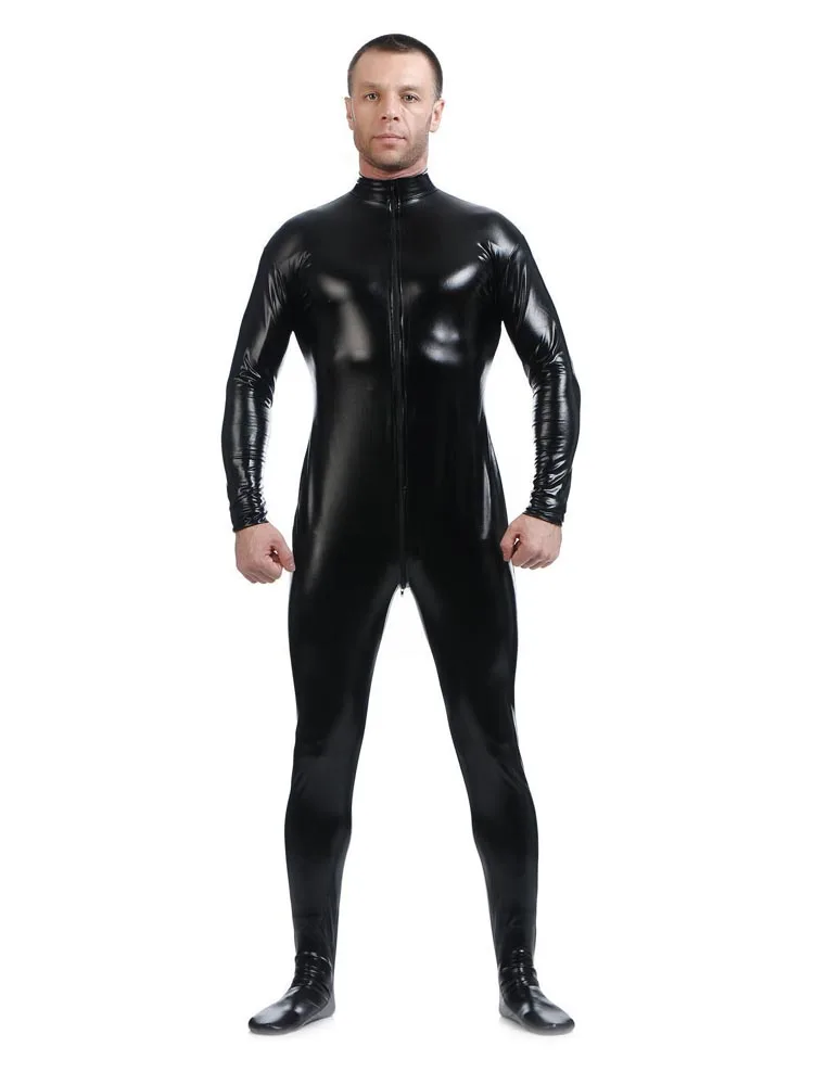 Men Long Zipper Faux Leather Wet Look Bodysuit Shiny Full Body Jumpsuit Catsuit Fetish Costume Plus Size