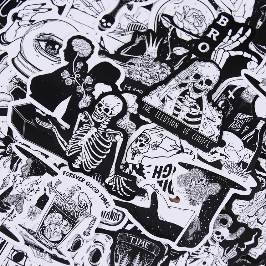50PCS Black White Gothic Style Horror Skeleton Graffiti Stickers DIY Laptop Luggage Guitar Skateboard Car Decal Kids Toy 50PCS Black White Gothic Style Horror Skeleton Graffiti Stickers DIY Laptop Luggage Guitar Skateboard Car Decal Kids Toy
