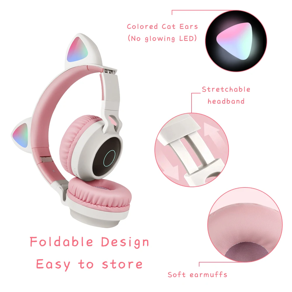 Colorful Lights Cat Ear Wireless Bluetooth Headphones Luminous Head mounted Headset Portable Folding TF Card 3 5mm Plug With Mic