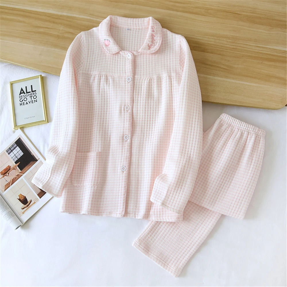 

Женский пижамный комплект, осенние женские хлопковые комплекты ночной рубашки, однотонный Пижамный костюм в клетку, брюки с длинным рукавом, одежда для сна, домашняя одежда