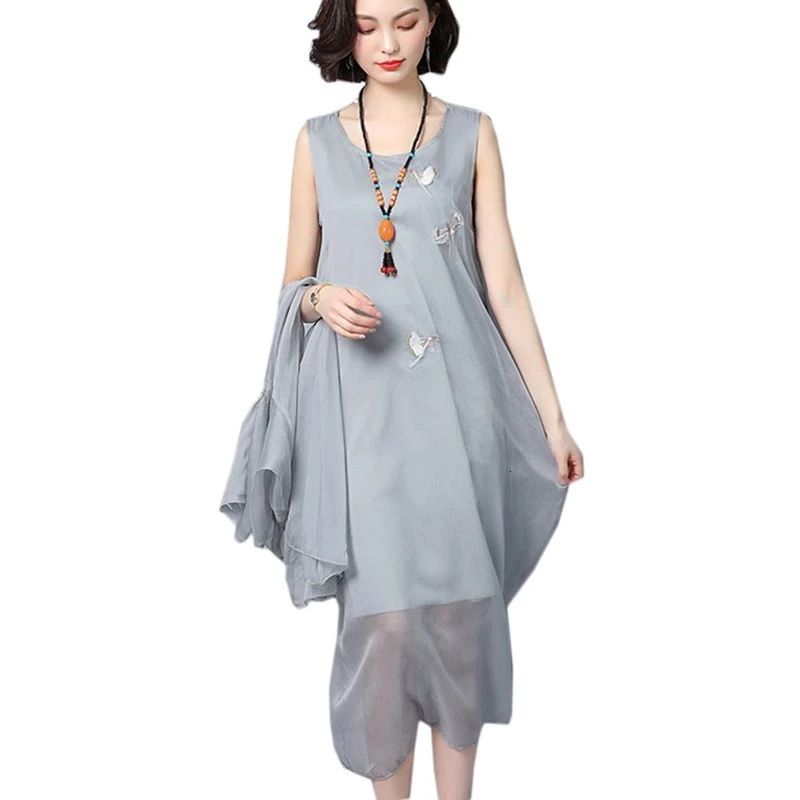 

Women Dress Plus Size Vintage Summer Chinese style Embroidery Print Female Elegant Two-Piece Suit Dress LJ1005