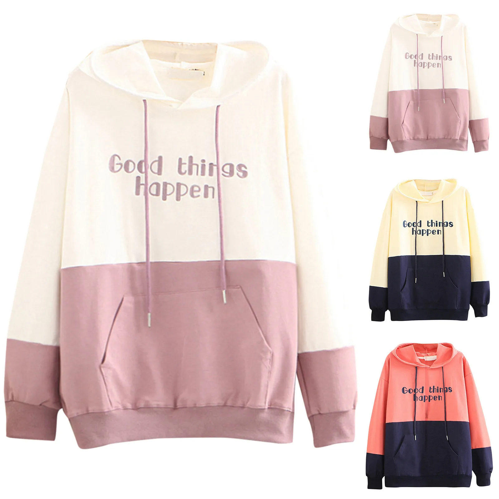 Women Hoodies Sweatshirts Autumn Letter Printed Patchwork Long Sleeve Pullover Top Harajuku Female Loose Hooded Top Streetwear 2