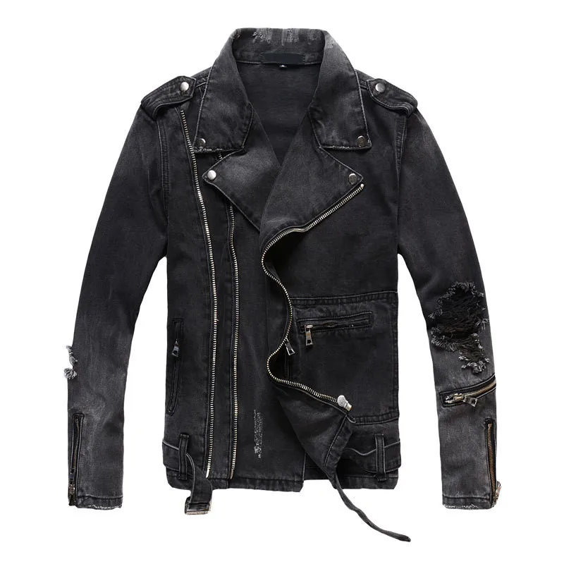 

Men Jeans Jacket Street Mens Ripped Denim Jackets with Multi Zippers Streetwear Distressed Motorcycle Biker Jeans Jacket