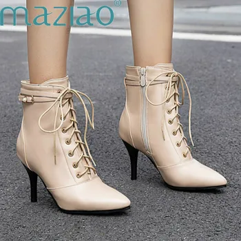 

Women Ankle Boots Lace Up Pointed Toe high heel Black Chelsea BootsThin Heels shoes for women Sexy party Boots Size33-48 MAZIAO