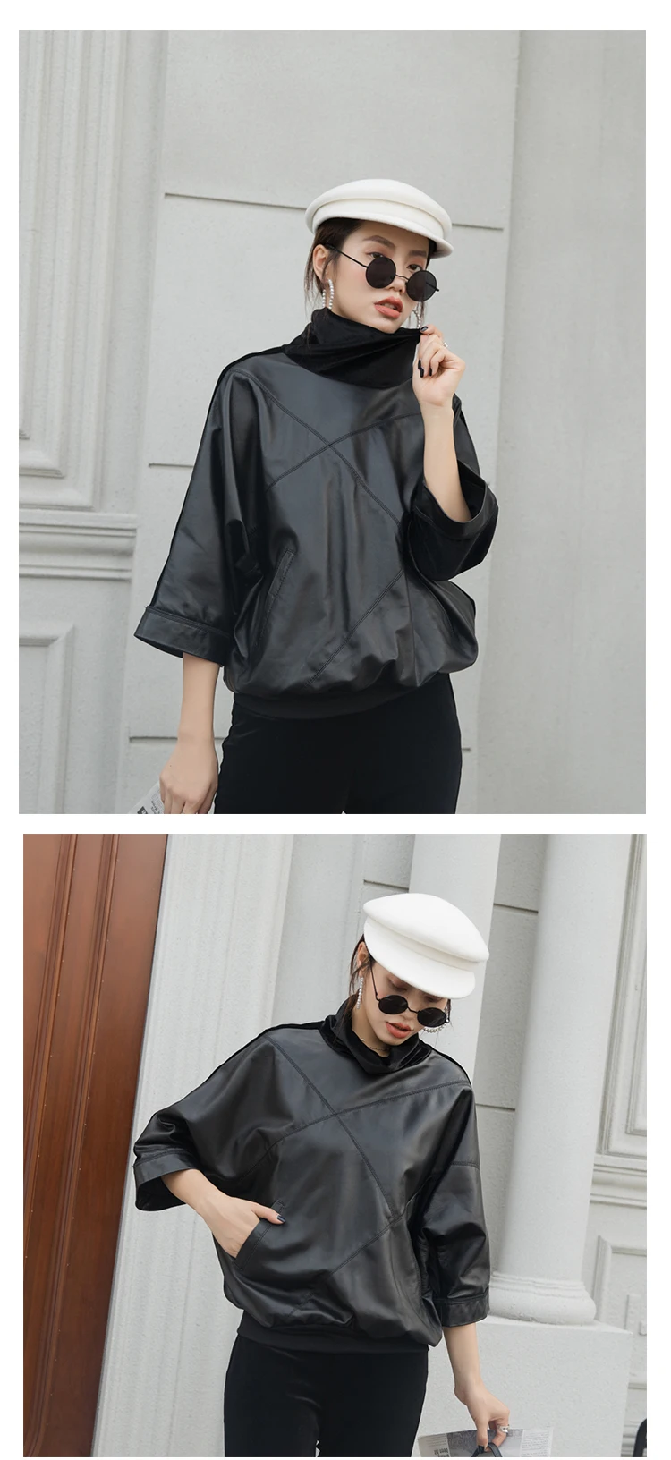 Genuine Leather Sweatshirts Casual Turtleneck Drop Shoulder Flare Sleeve Sheepskin Tops Women Autumn Winter Highstreet Outwear