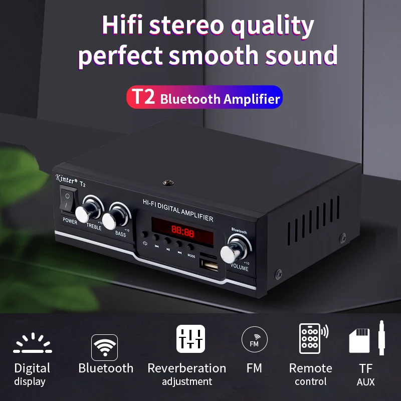 Kinter T2 для bluetooth 2.0CH Усилитель Аудио 20 Вт с usb sd входом fm радио управление сабвуфер ВЧ питание AC220 DC 12 В