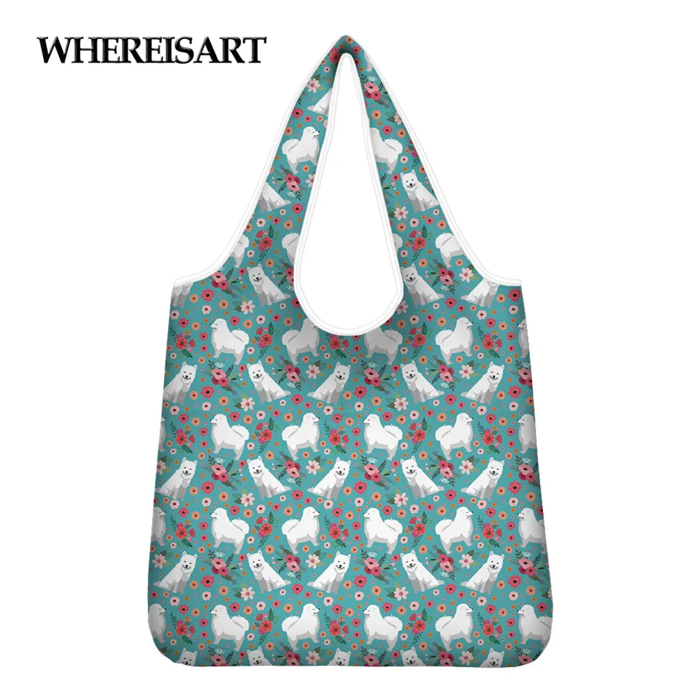 

WHEREISART Lady Shopping Bag Samoyed With Flower Pattern 3D Printed Foldable Shopper Bag Casual Eco Friendly Grocery Sac Mujer